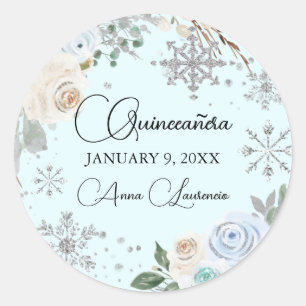 Winter Floral Silver und Light Blue Quinceanera Runder Aufkleber