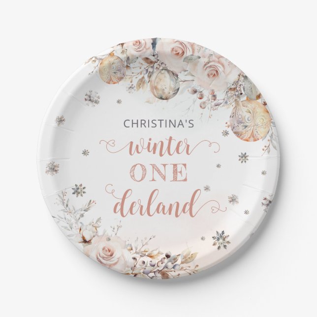 Winter Floral Snowflake ONEderland 1. Geburtstag Pappteller (Vorderseite)