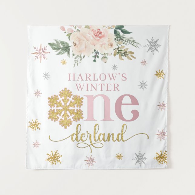 Winter Floral Snowflake ONEderland 1. Geburtstag Wandteppich (Vorderseite)