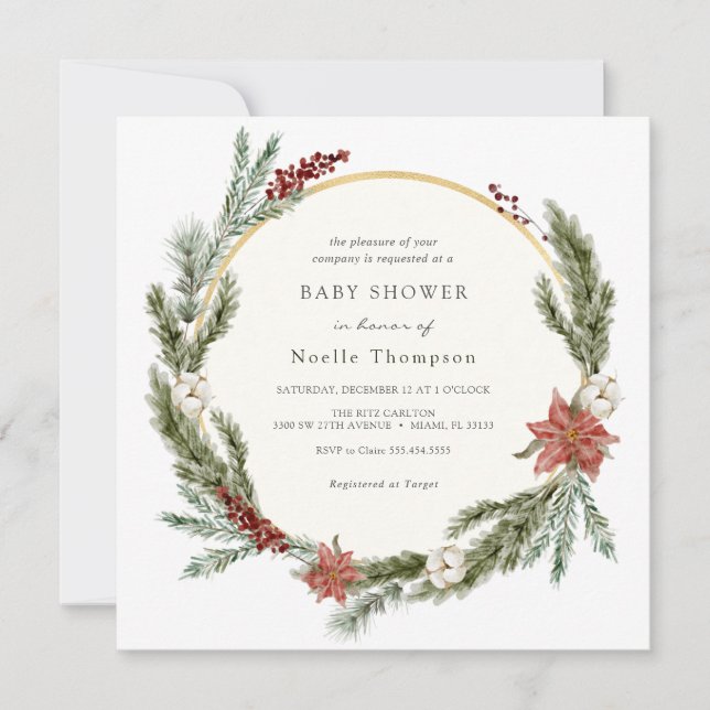 Winter Floral und Greenery Baby Dusche Einladung (Vorderseite)