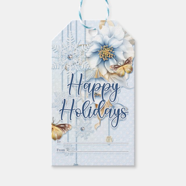 Winter Floral und Schmetterlinge glückliche Ferien Geschenkanhänger (Vorderseite)