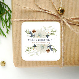 Winter Floral Watercolor Dusty Blue White Quadratischer Aufkleber