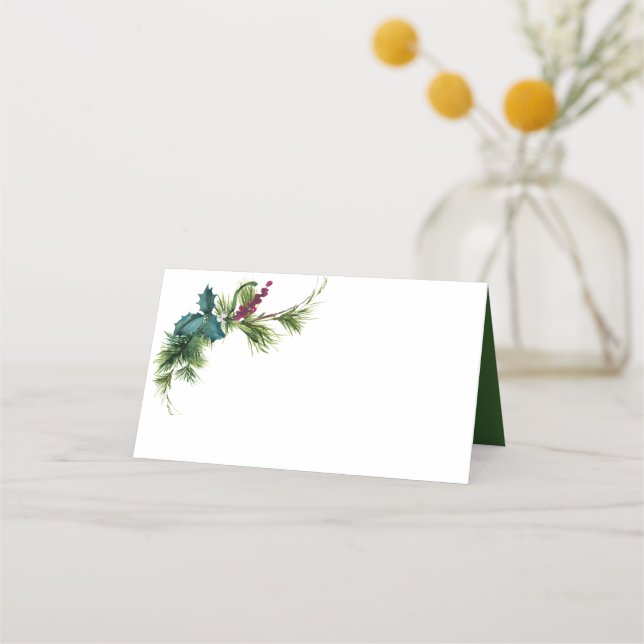 Winter Floral Watercolor Evergreen Hochzeit Platzkarte (Vorderseite)