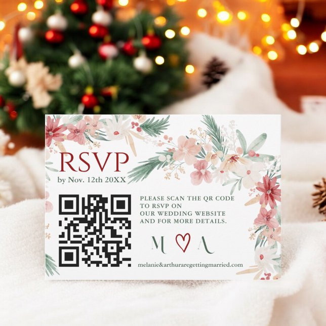 Winter Floral Watercolor Wedding RSVP QR Code Karte (Winter Floral Watercolor Wedding RSVP QR Code)