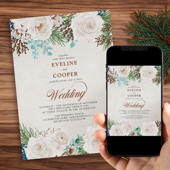 Winter Floral Watercolor White Rose Hochzeit Einladung (Winter Wedding Invitation with Pine Eucalyptus and White Roses. Order Printed or Printable Download.)