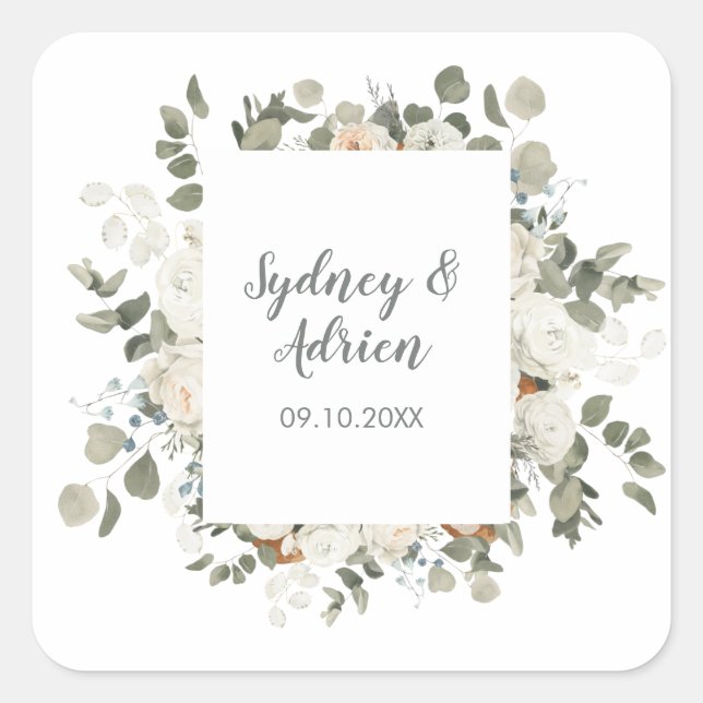Winter Floral Wedding Umschlag Aufklebers Quadratischer Aufkleber (Vorderseite)