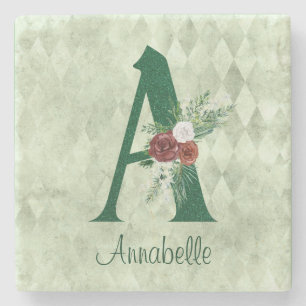 Winter florale Illustrierte Letter A Personalisier Steinuntersetzer