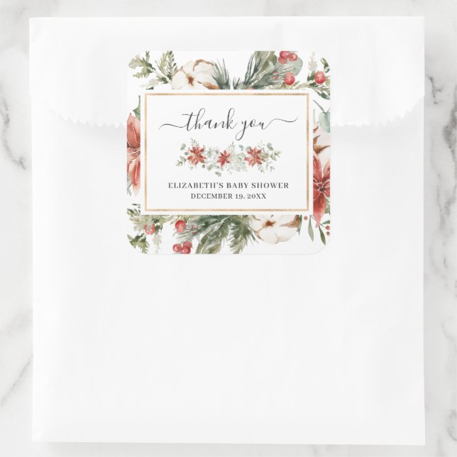 Winter florale Vegetation | Baby Dusche Gefallen Quadratischer Aufkleber (Tasche)