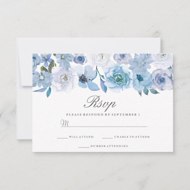 Winter Florals: Elegant Blue White Wedding RSVP (Vorderseite)
