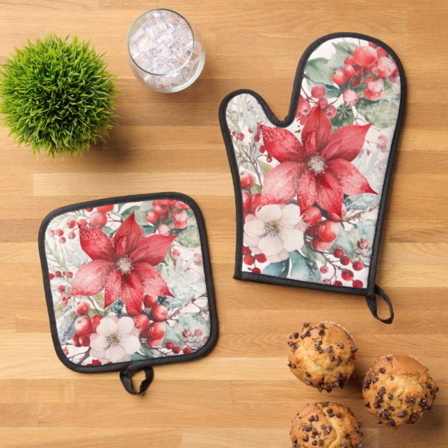 Winter Florals Foliage Red Poinsettia Berries Ofenhandschuh & Topflappen-Set (Oben Unten)
