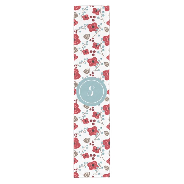 Winter Florals Poppies and Berries Monogram Kurzer Tischläufer (Vorderseite)