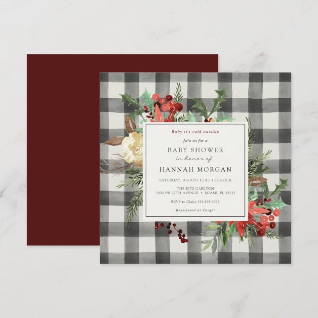 Winter Florals und Evergreen Kariert Baby Dusche Einladung (Vorne/Hinten)