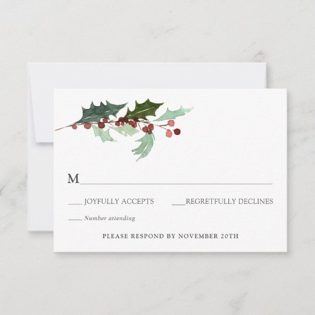 Winter Florals und Evergreen Wedding RSVP Einladung (Vorderseite)