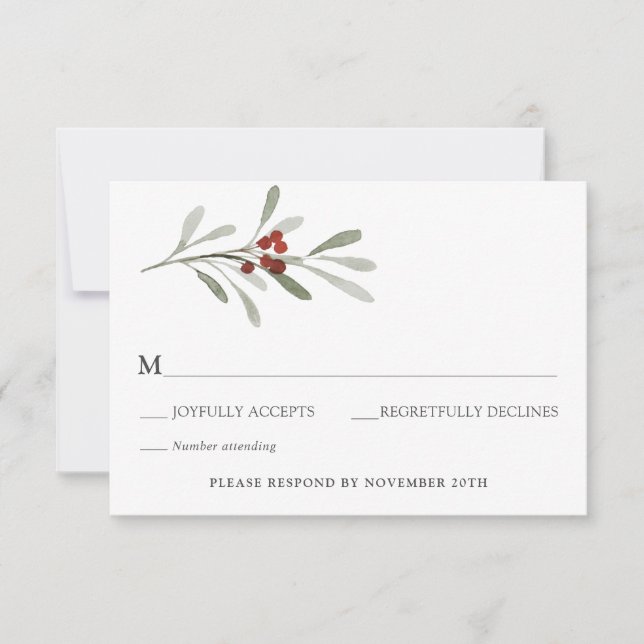 Winter Florals und Evergreen Wedding RSVP Einladung (Vorderseite)