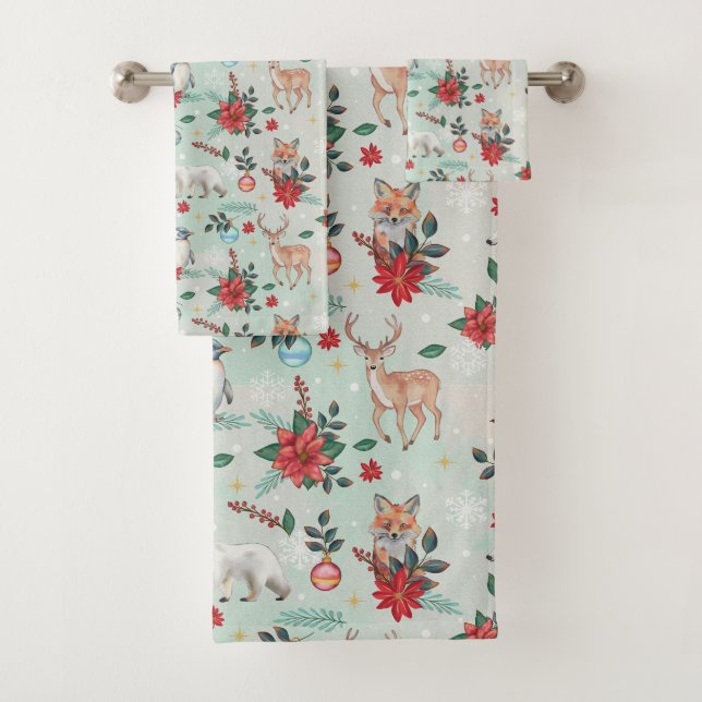 Winter Florest Animals Weihnachtsmuster Badhandtuch Set (Insitu)