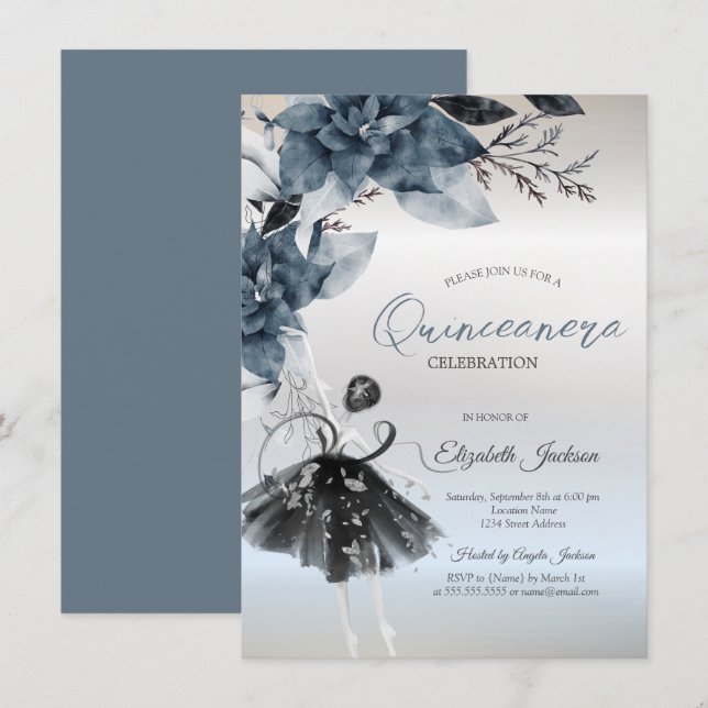  Winter Flowers Ballerina Silver Quinceanera Einladung (Vorne/Hinten)