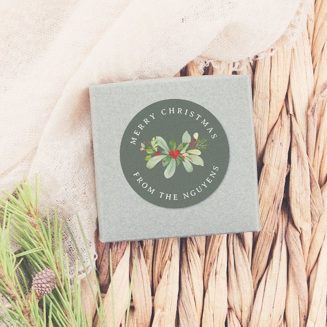 Winter Foliage Green frohe Weihnachten & Familienn Runder Aufkleber (Von Creator hochgeladen)