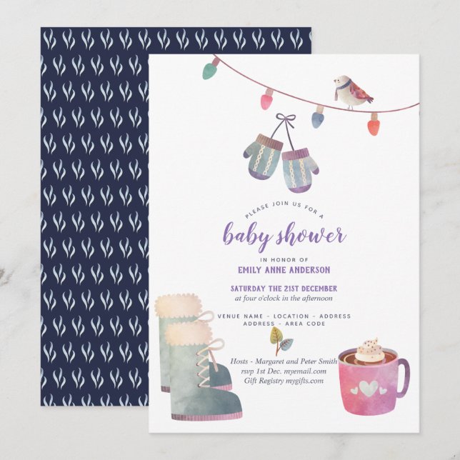 Winter Folk Art Baby Dusche Einladung Lila blau (Vorne/Hinten)