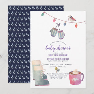 Winter Folk Art Baby Dusche Einladung Lila blau