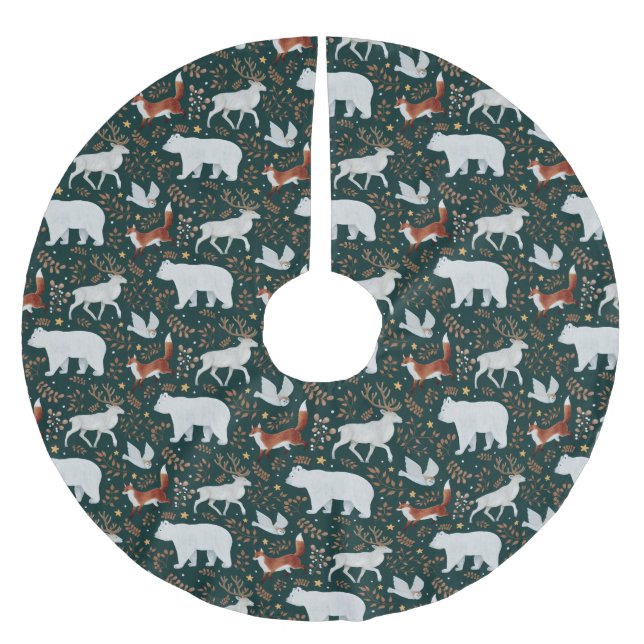 Winter forest animals Dark Green Tree Skirt Polyester Weihnachtsbaumdecke (Vorderseite)