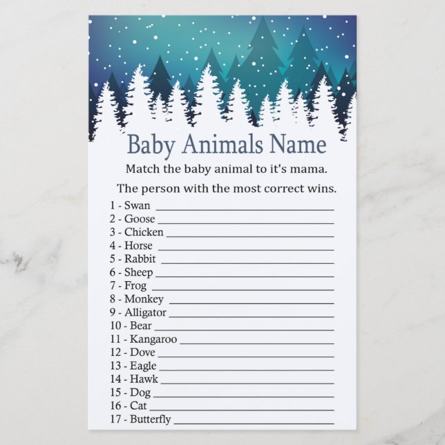 Winter Forest Baby Animes Name Spiel Babydusche (Vorderseite)