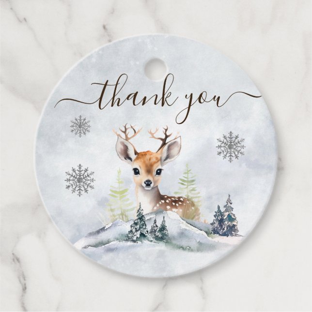 Winter Forest Baby Deer Baby Dusche Danke Geschenkanhänger (Vorderseite)