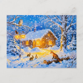 Winter Forest Cottage with Woodland Animals Postkarte