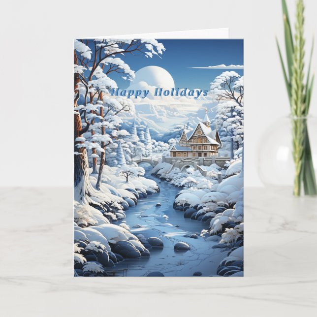 Winter Forest Country Church Frozen Fluss Karte (Vorderseite)