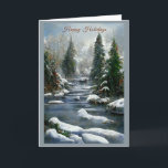 Winter Forest Country River Christmas Karte<br><div class="desc">Schöne Weihnachtskarte mit einem Bild von schneebedeckten Felsen,  hohen Kiefern neben einem schönen fließenden Fluss.</div>