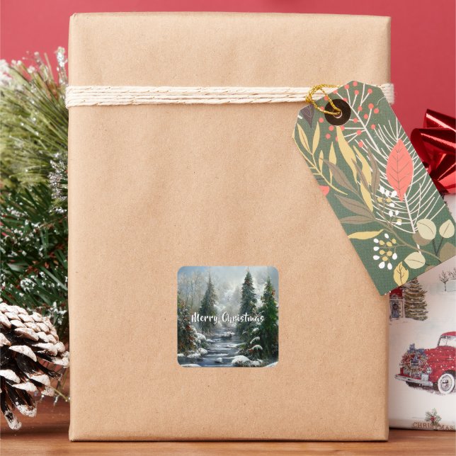 Winter Forest Country River Christmas  Quadratischer Aufkleber (Feiertag)