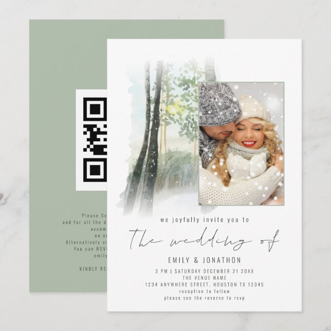 Winter Forest Foto QR Sage Hochzeit Einladung (Vorne/Hinten)