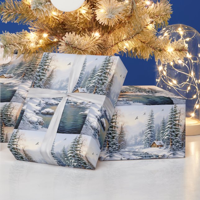 Winter Forest Log Cabin Birds Pine Tree River Geschenkpapier (Feiertage)