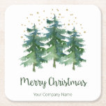 Winter Forest Merry Christmas Company Rechteckiger Pappuntersetzer<br><div class="desc">Diese atemberaubenden Aquarellplatz-Untersetzer,  die "Frohe Weihnachten" und mehrfarbige Kiefernbäume und Goldsterne haben und mit Ihrem Firmennamen konfetti,  sind ideal für Firmenveranstaltungen während der Ferien. Jeder wird die wunderschöne Waldgestaltung Liebe geben. Sie würden auch gerne in Ihre Geschenkkörbe/Taschen für die Kunden einschließen.</div>
