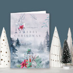 Winter Forest Misty Watercolor Candlelit Lantern Feiertagskarte<br><div class="desc">Schöne Weihnachtskarte mit Aquarellwaldszene. Wir wünschen Ihnen frohe Weihnachten ist in lässiger Schrift und dekorativer Typografie auf der Vorderseite geschrieben und Sie können die Nachricht im Inneren anpassen. Das Design besticht durch einen mickrigen,  wasserfarbenen Winterwald mit Kiefernbäumen,  Weihnachtsblättern und Poinsettia-Blume,  Waldtiere und eine rustikale Kerzenleuchte.</div>