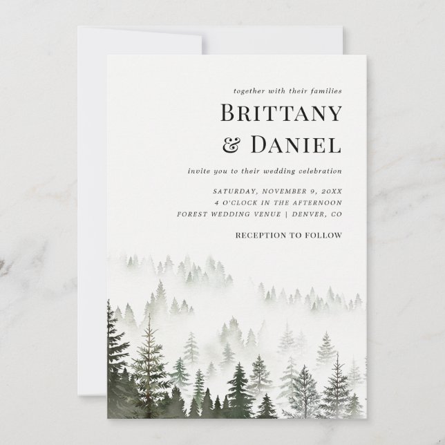 Winter Forest Modern Script Foto QR Code Hochzeit Einladung (Vorderseite)