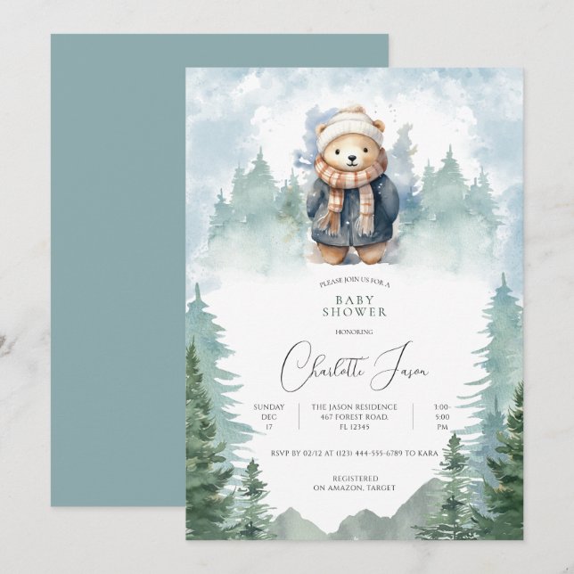 Winter Forest Niedlich Bear Baby Dusche Einladung (Vorne/Hinten)