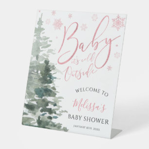 Winter Forest Pink Baby Dusche Empfang Sockelschild