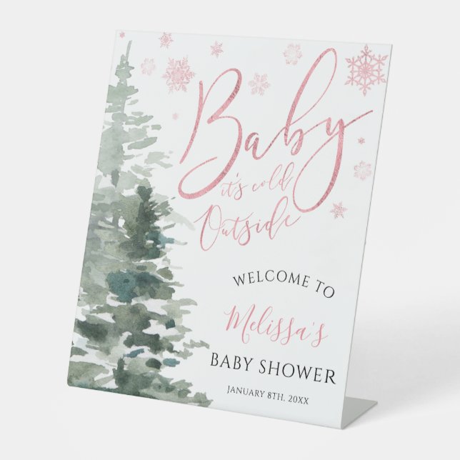 Winter Forest Pink Baby Dusche Empfang Sockelschild (Vorderseite)