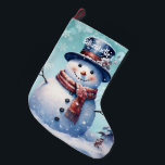 Winter Forest Snowman | Aquamarin Großer Weihnachtsstrumpf<br><div class="desc">Fügen Sie Ihrem Kaminfeuer eine festliche Touch in dieser Urlaubssaison mit einem Aquamarinen Winterwald Snowman Weihnachtsfest Strumpf. Im Strumpf Design finden Sie einen niedlichen Schneemann in einem bezaubernden Top-Hut und Schal stehend in einer Winterwaldszene mit fallendem Schnee und einem Raum, den Sie für Ihre Personalisierung hinzufügen können. Mit diesem Design...</div>
