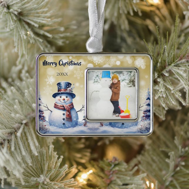 Winter Forest Snowman Foto | Gold Rahmen-Ornament Silber (Baum)