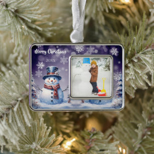Winter Forest Snowman Foto Lila Rahmen-Ornament Silber