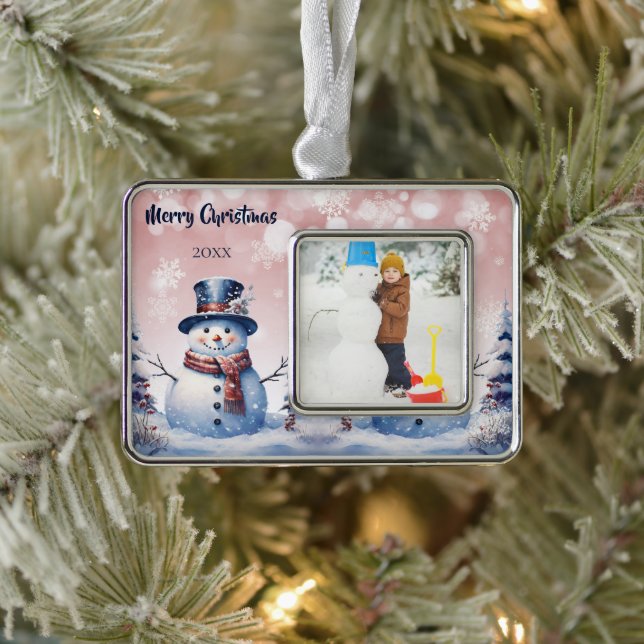 Winter Forest Snowman Foto | Pink Rahmen-Ornament Silber (Baum)