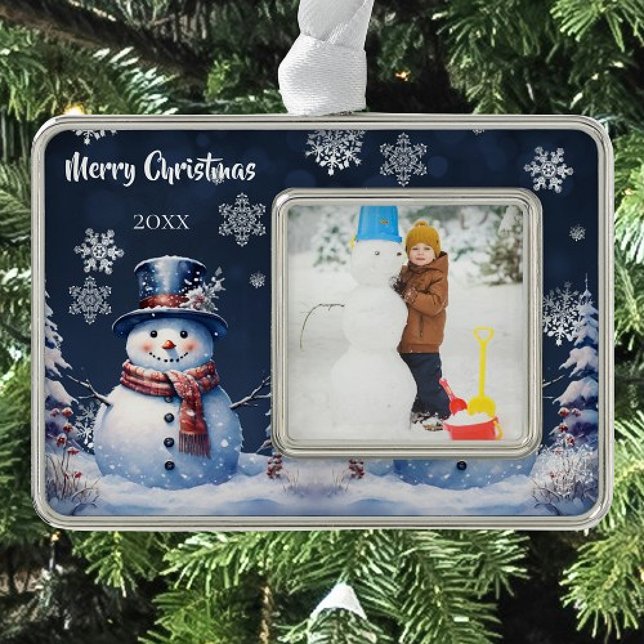 Winter Forest Snowman Foto Rahmen-Ornament Silber (Winter Forest Snowman Christmas Photo Ornament)