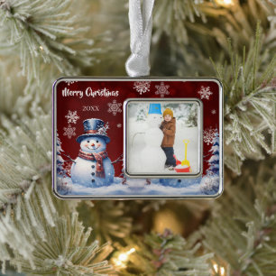 Winter Forest Snowman Foto   Rot Rahmen-Ornament Silber