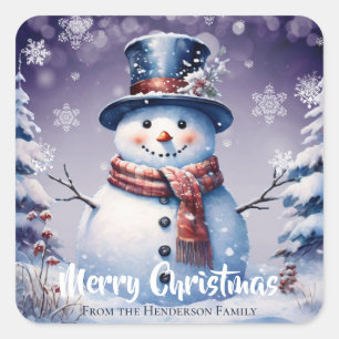 Winter Forest Snowman Frohe Weihnachten   Lila Quadratischer Aufkleber