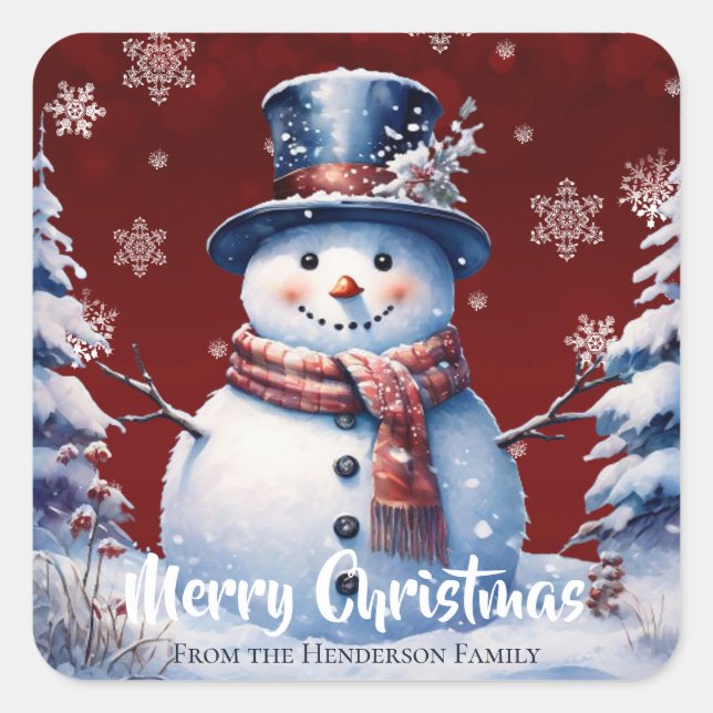 Winter Forest Snowman Frohe Weihnachten | Rot Quadratischer Aufkleber (Vorderseite)