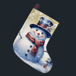 Winter Forest Snowman | Gold Großer Weihnachtsstrumpf<br><div class="desc">Fügen Sie Ihrem Kaminmantel in dieser Ferienzeit eine festliche Touch mit einem Winterwald Snowman Weihnachts-Strumpf hinzu. Im Strumpf Design finden Sie einen niedlichen Schneemann in einem bezaubernden Top-Hut und Schal stehend in einer Winterwaldszene mit fallendem Schnee und einem Raum, den Sie für Ihre Personalisierung hinzufügen können. Mit diesem Design sind...</div>