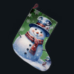 Winter Forest Snowman | Green Großer Weihnachtsstrumpf<br><div class="desc">Fügen Sie Ihrem Kaminfeuer eine festliche Touch in dieser Urlaubssaison mit einem grünen Winterwald Snowman Weihnachtsfest Strumpf. Im Strumpf Design finden Sie einen niedlichen Schneemann in einem bezaubernden Top-Hut und Schal stehend in einer Winterwaldszene mit fallendem Schnee und einem Raum, den Sie für Ihre Personalisierung hinzufügen können. Mit diesem Design...</div>