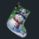 Winter Forest Snowman | Green Großer Weihnachtsstrumpf<br><div class="desc">Fügen Sie Ihrem Kaminfeuer eine festliche Touch in dieser Urlaubssaison mit einem grünen Winterwald Snowman Weihnachtsfest Strumpf. Im Strumpf Design finden Sie einen niedlichen Schneemann in einem bezaubernden Top-Hut und Schal stehend in einer Winterwaldszene mit fallendem Schnee und einem Raum, den Sie für Ihre Personalisierung hinzufügen können. Mit diesem Design...</div>