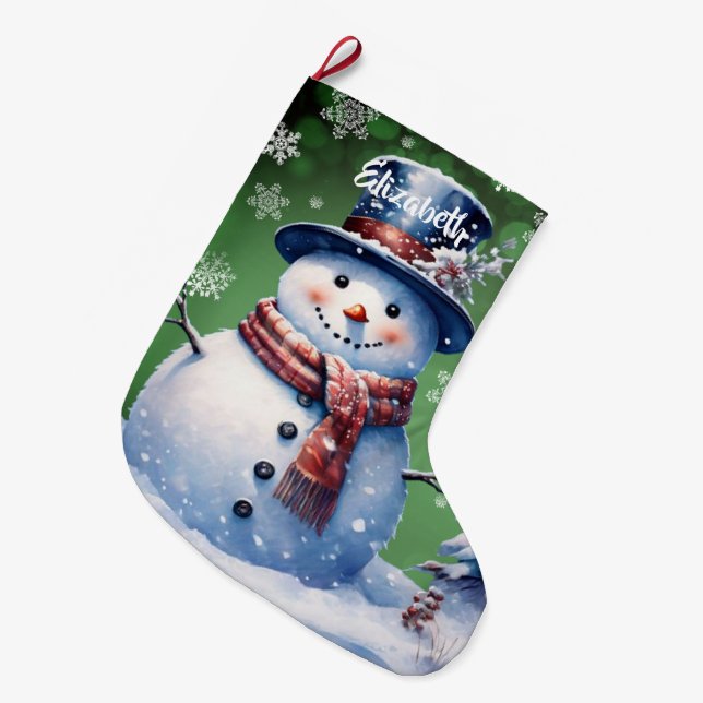 Winter Forest Snowman | Green Großer Weihnachtsstrumpf (Vorderansicht (hängend))